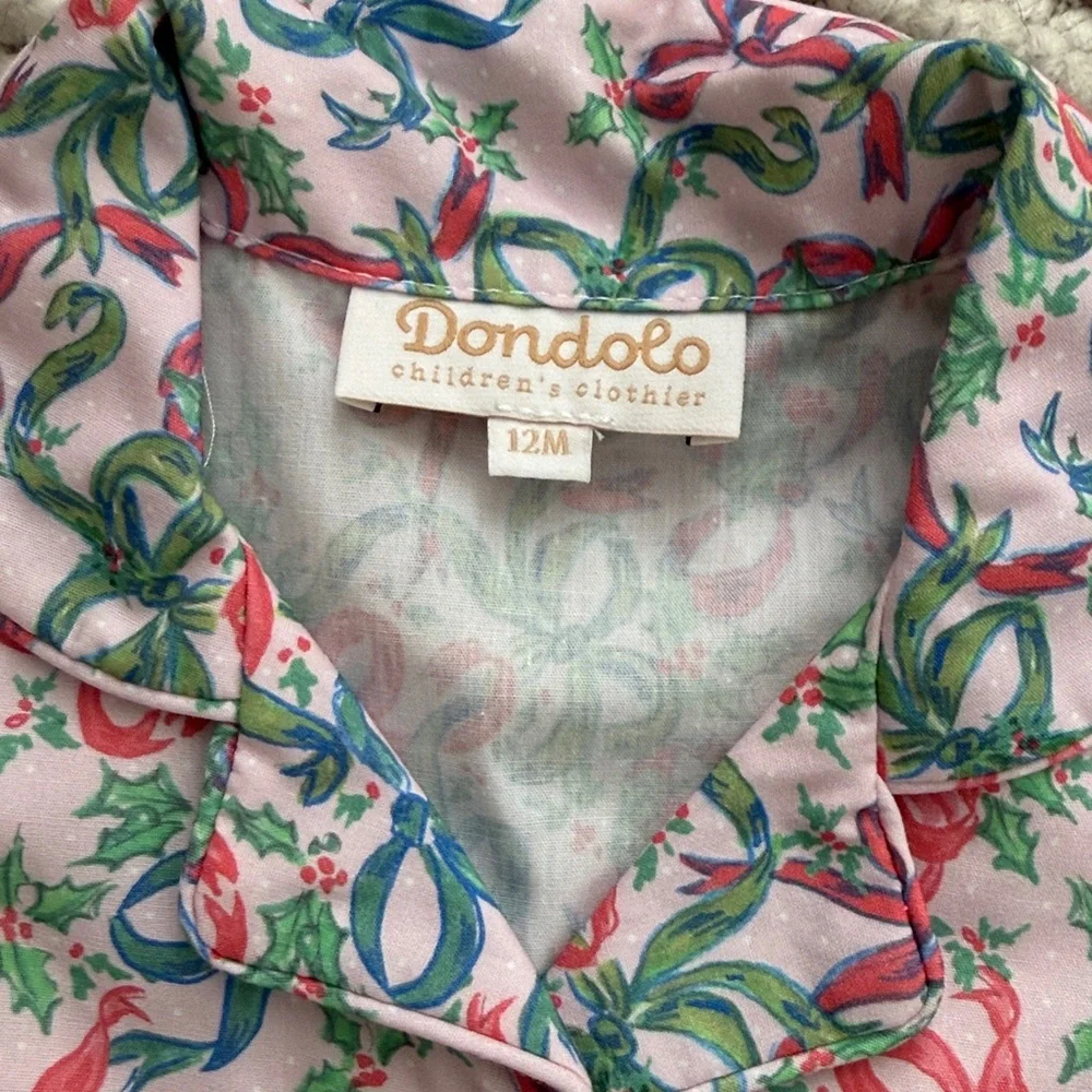 Dondolo Baby Girl Smocked Pajama Set 12M Pink Bow Print NWT Holiday Christmas